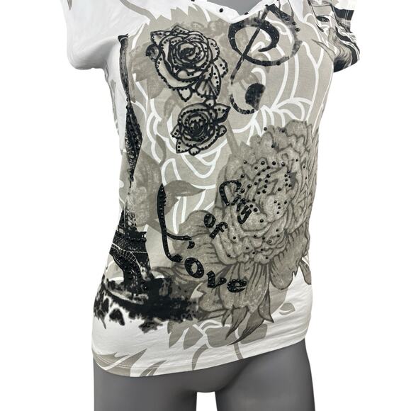 T-shirt Women’s Black White Rose Studded Small Graphic Y2K V-neck Leo Guy 90s - Picture 3 of 11